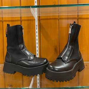 Zara Moto boots black front zipper platform sock ankle boots